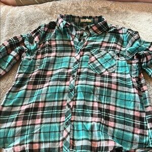 Plaid Button-Up Shirt in Teal and Pink